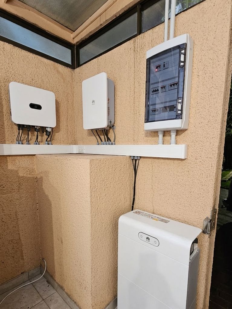 Inversor híbrido, batería de litio y tablero de protecciones instalados en muro
